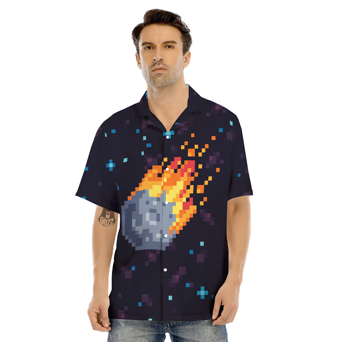 Pixel 8 Bit Meteorite Burnning Print Men's Hawaiian Shirt-grizzshop