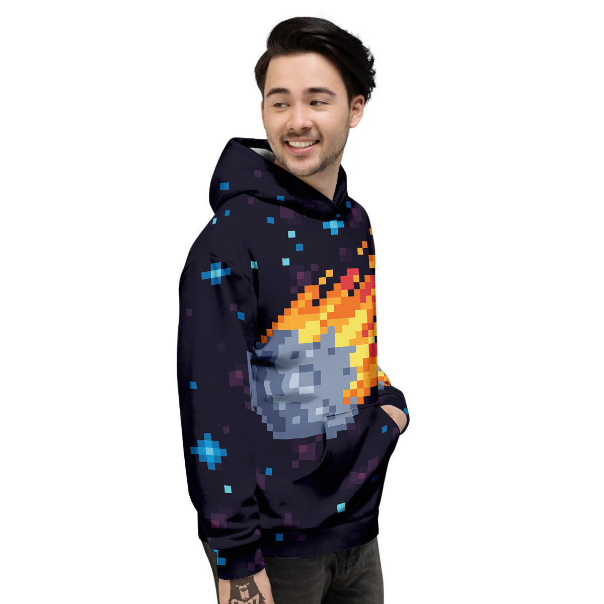 Pixel 8 Bit Meteorite Burnning Print Men's Hoodie-grizzshop