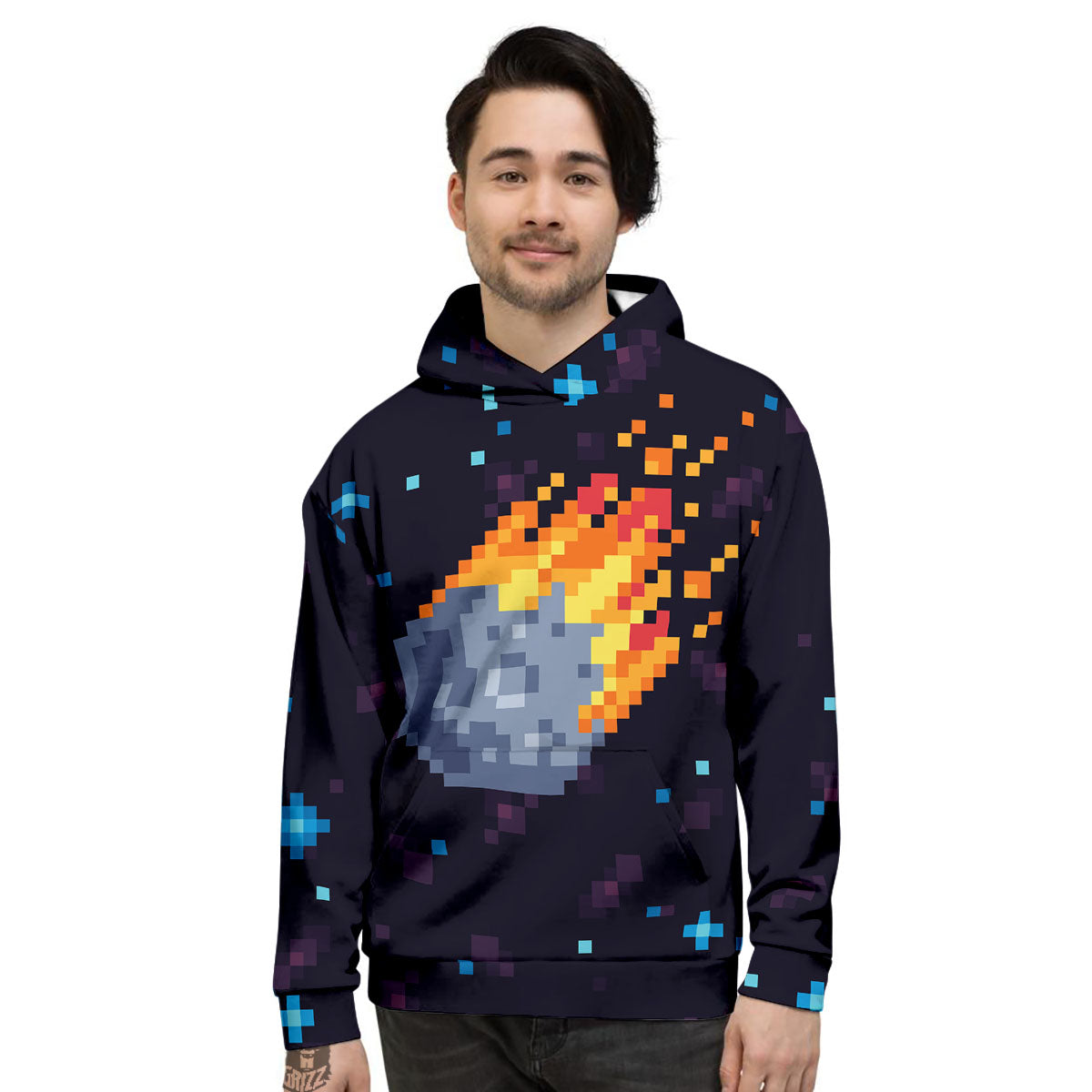 Pixel 8 Bit Meteorite Burnning Print Men's Hoodie-grizzshop