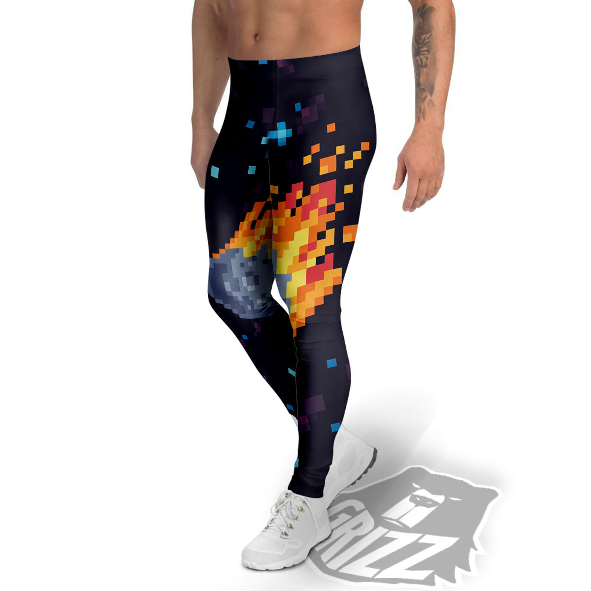 Pixel 8 Bit Meteorite Burnning Print Men's Leggings-grizzshop