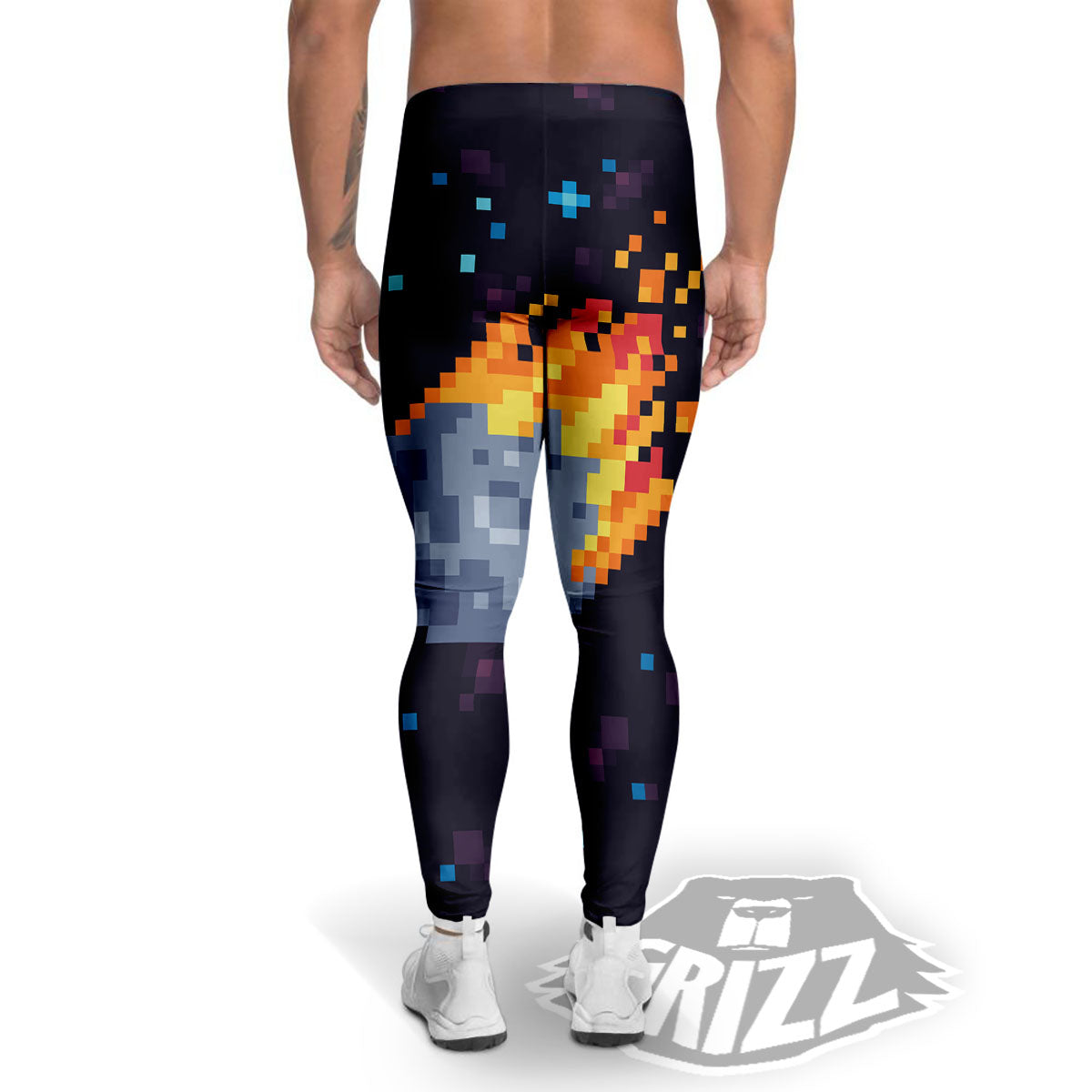 Pixel 8 Bit Meteorite Burnning Print Men's Leggings-grizzshop