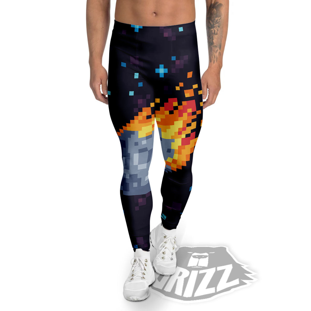Pixel 8 Bit Meteorite Burnning Print Men's Leggings-grizzshop