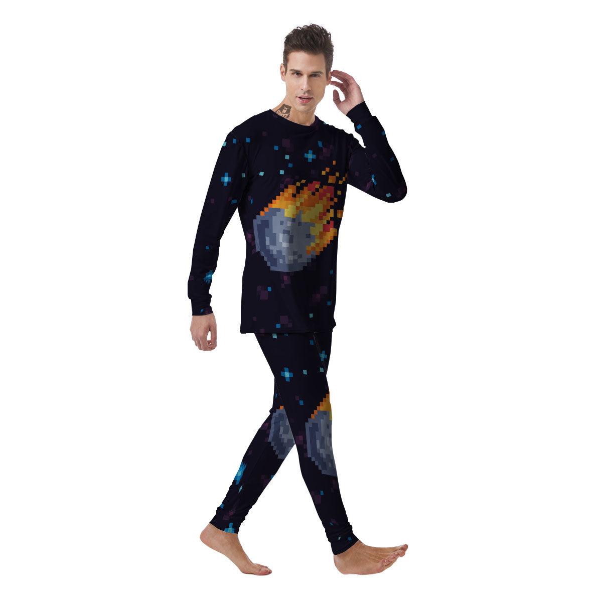 Pixel 8 Bit Meteorite Burnning Print Men's Pajamas-grizzshop