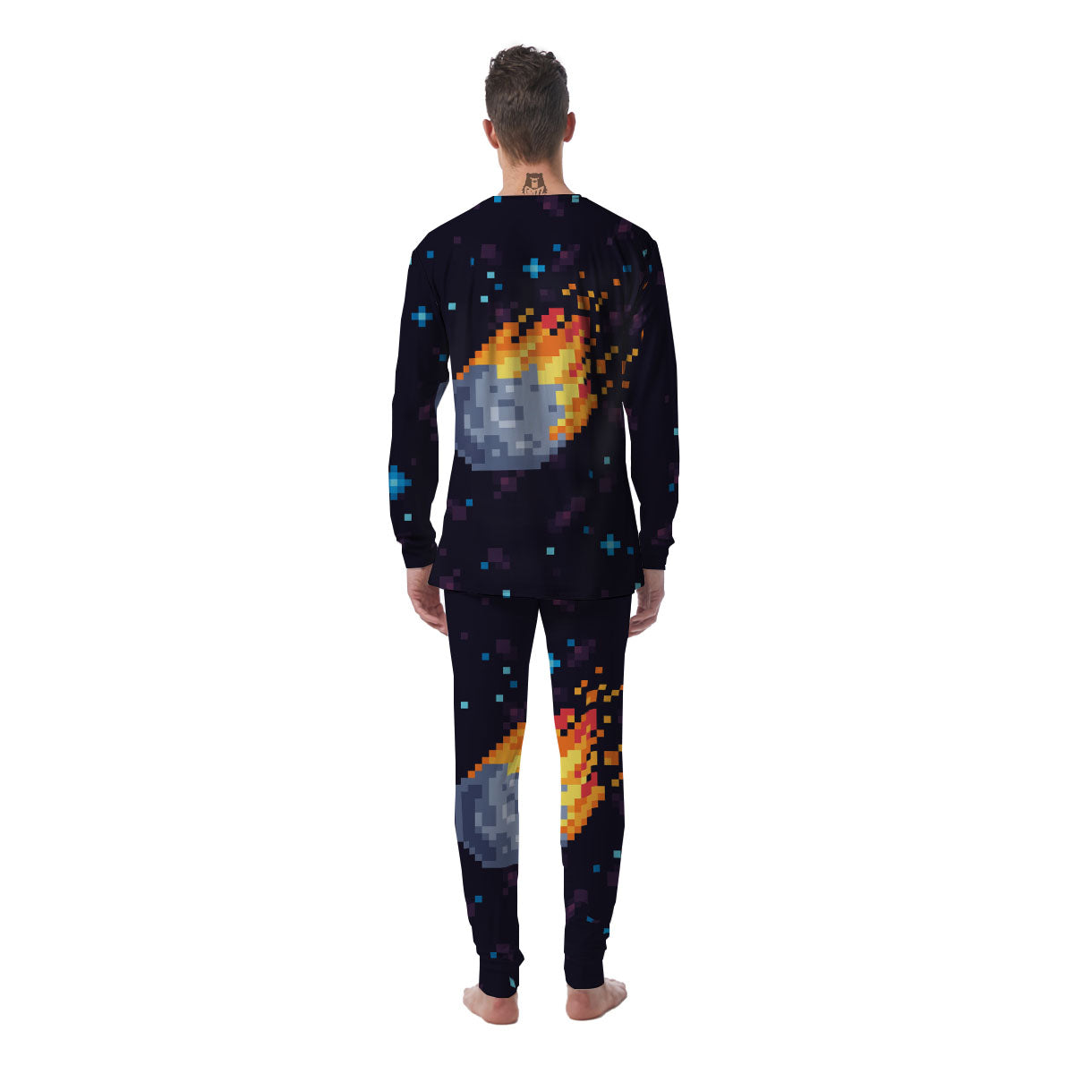 Pixel 8 Bit Meteorite Burnning Print Men's Pajamas-grizzshop