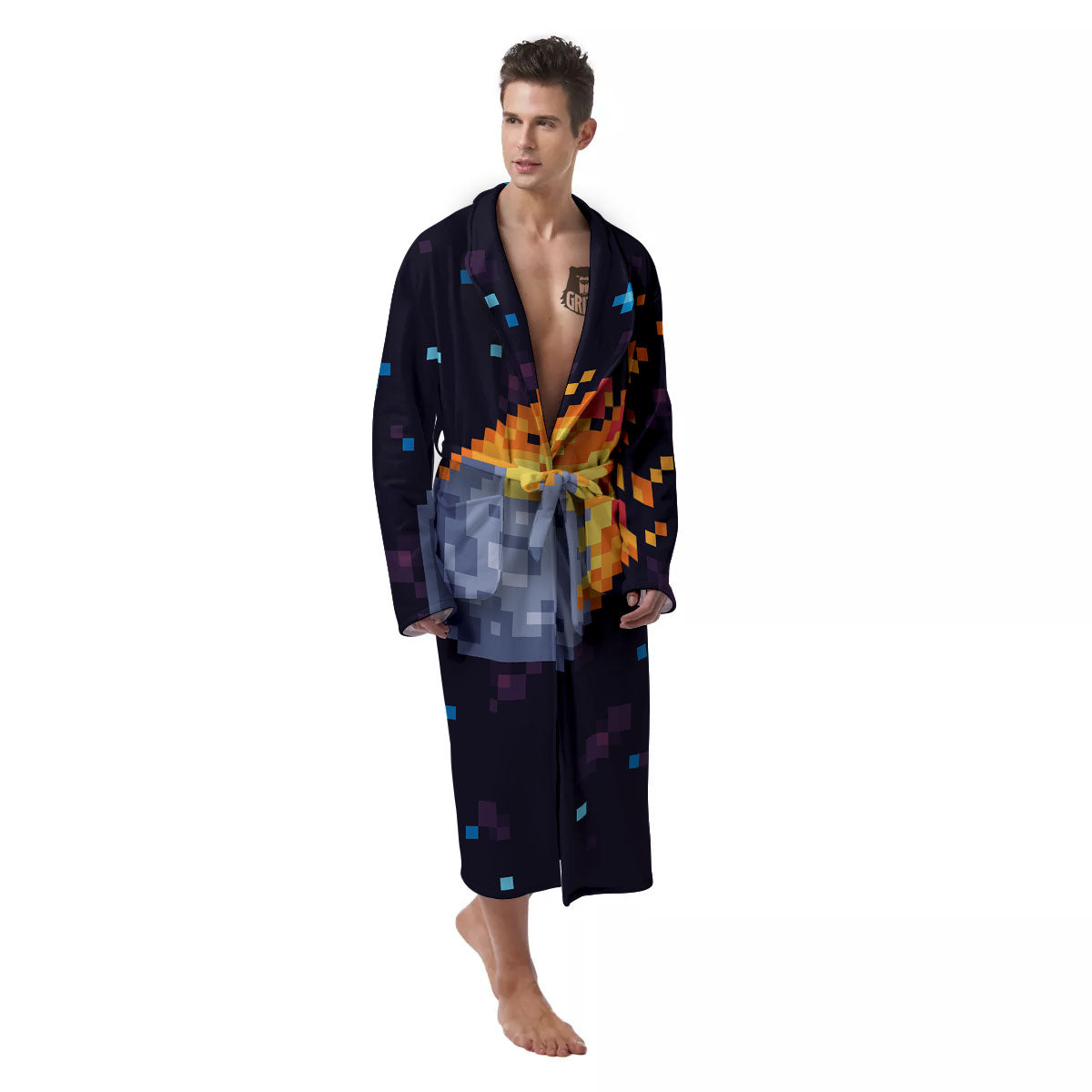 Pixel 8 Bit Meteorite Burnning Print Men's Robe-grizzshop