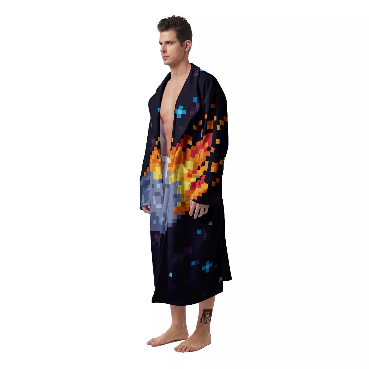 Pixel 8 Bit Meteorite Burnning Print Men's Robe-grizzshop