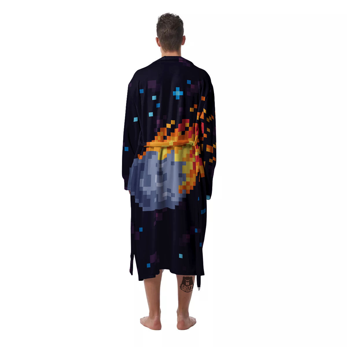 Pixel 8 Bit Meteorite Burnning Print Men's Robe-grizzshop