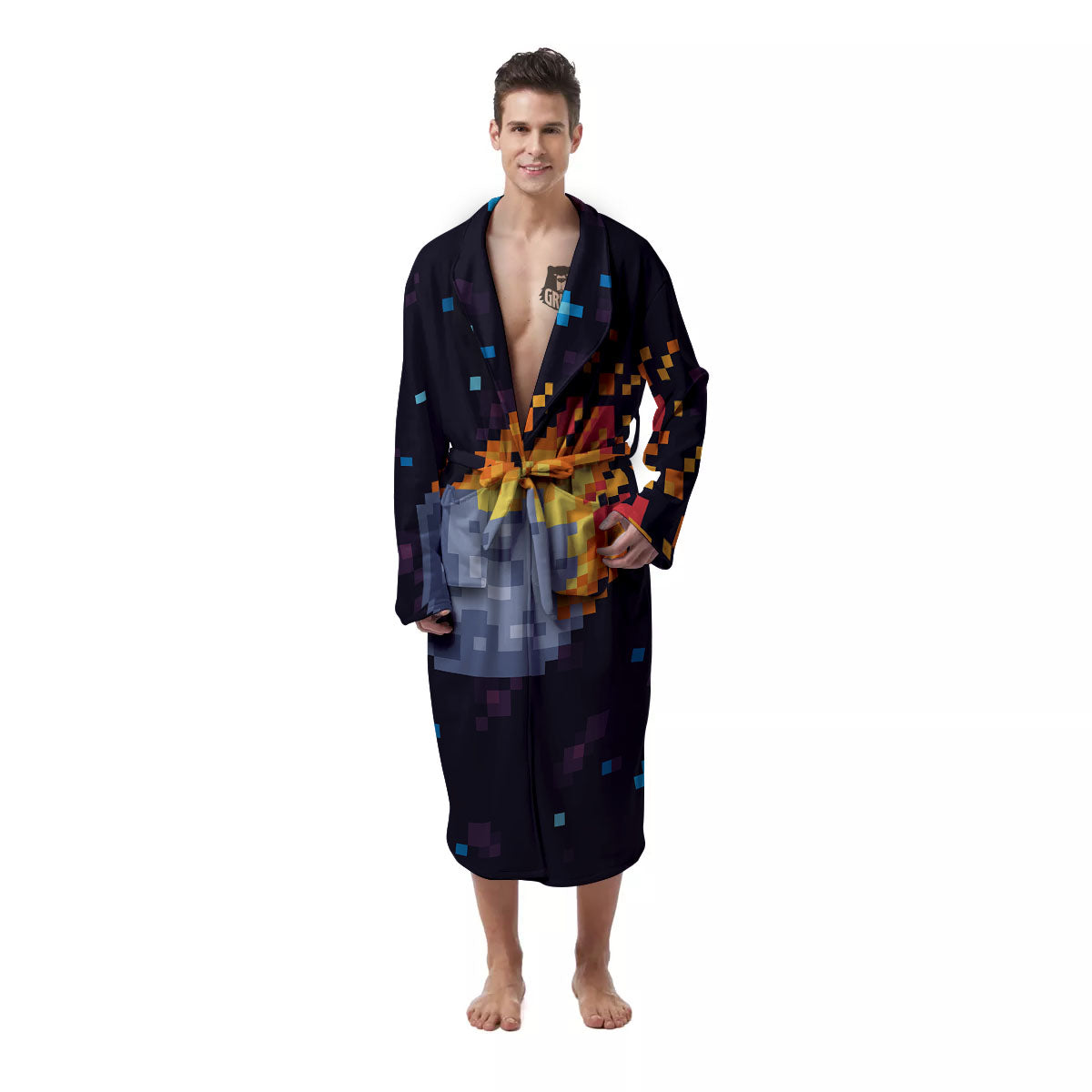 Pixel 8 Bit Meteorite Burnning Print Men's Robe-grizzshop