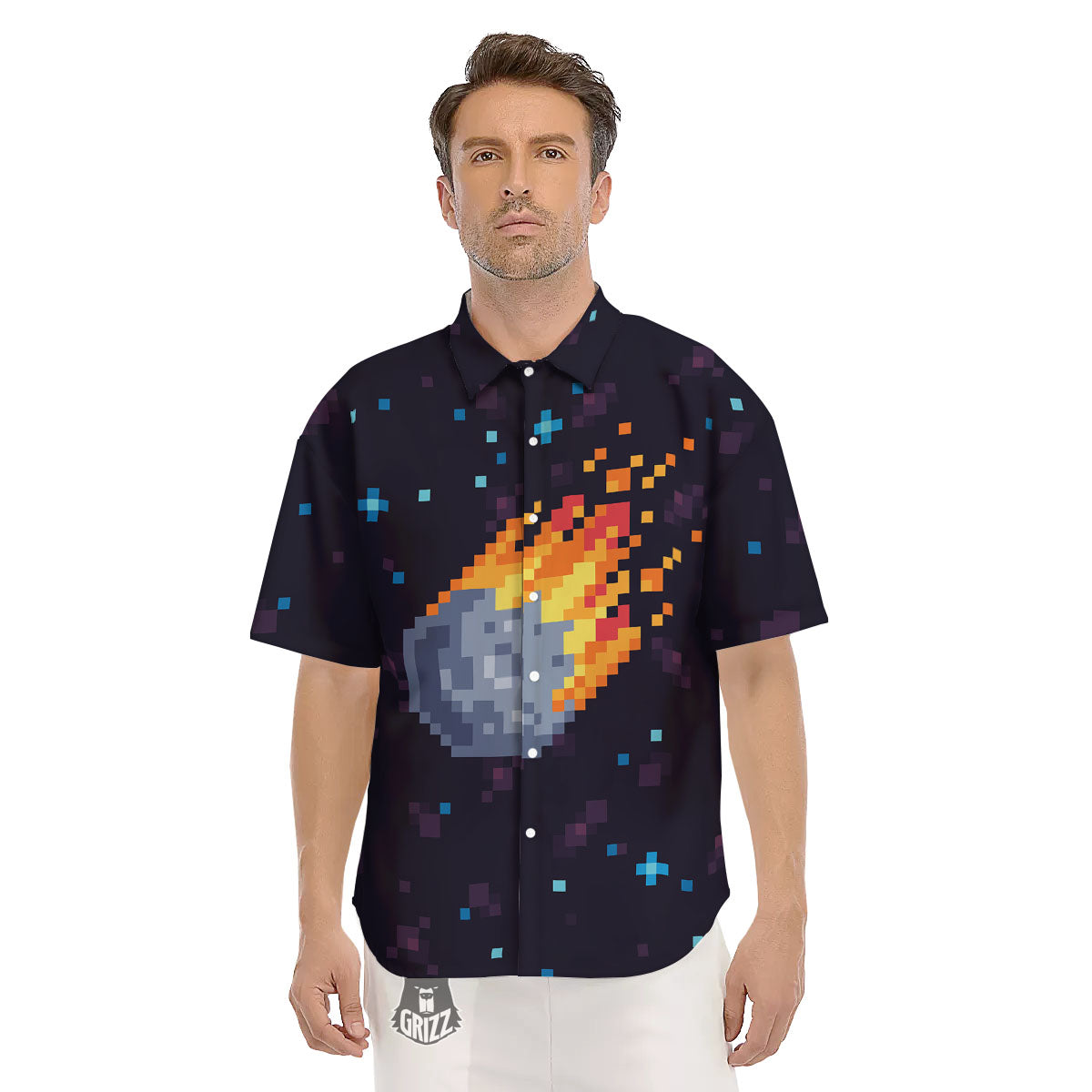 Pixel 8 Bit Meteorite Burnning Print Men's Short Sleeve Shirts-grizzshop