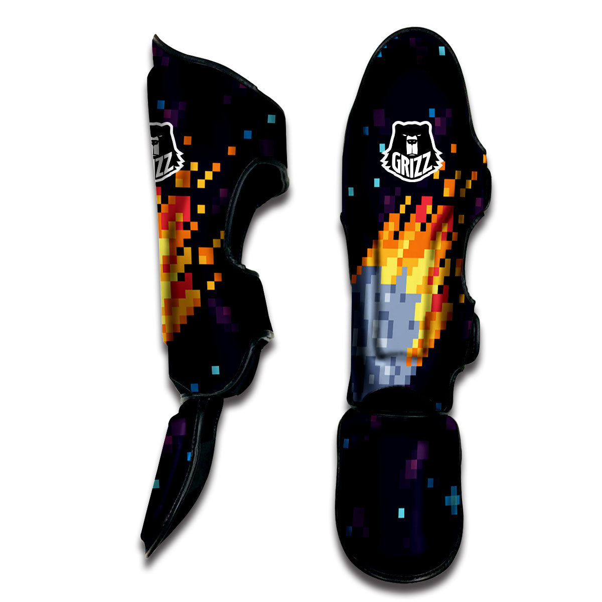 Pixel 8 Bit Meteorite Burnning Print Muay Thai Shin Guards-grizzshop