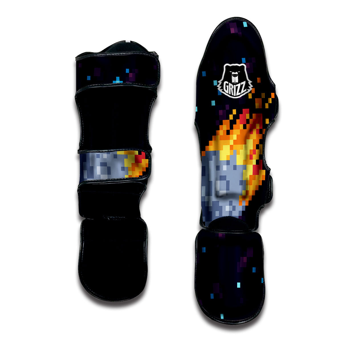 Pixel 8 Bit Meteorite Burnning Print Muay Thai Shin Guards-grizzshop