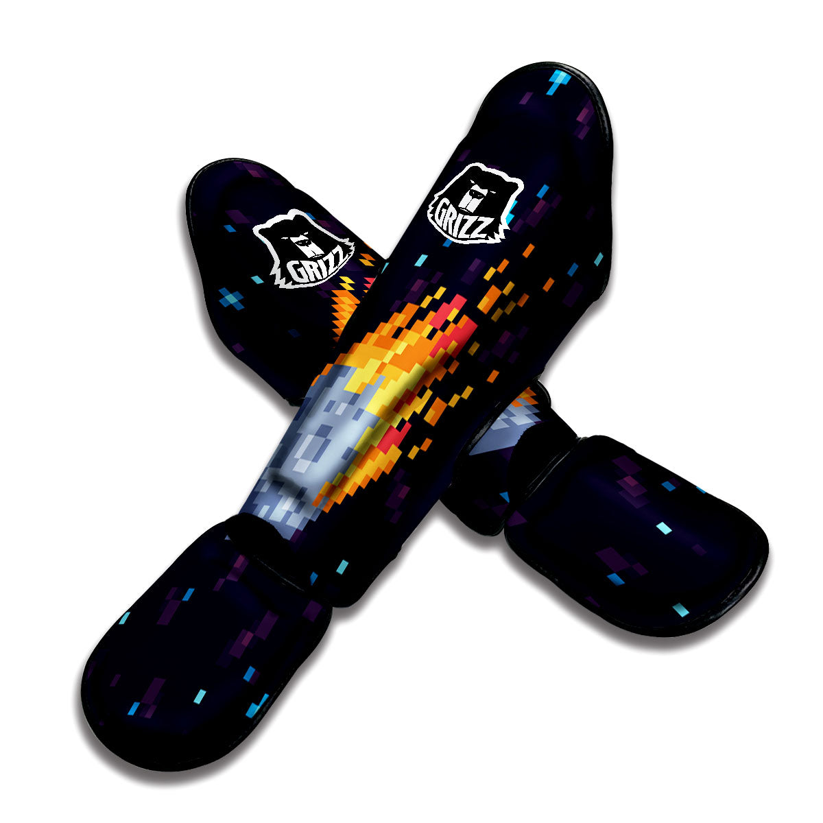 Pixel 8 Bit Meteorite Burnning Print Muay Thai Shin Guards-grizzshop
