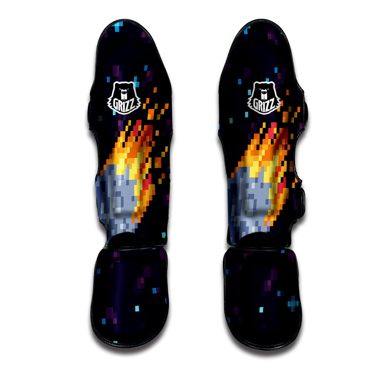 Pixel 8 Bit Meteorite Burnning Print Muay Thai Shin Guards-grizzshop