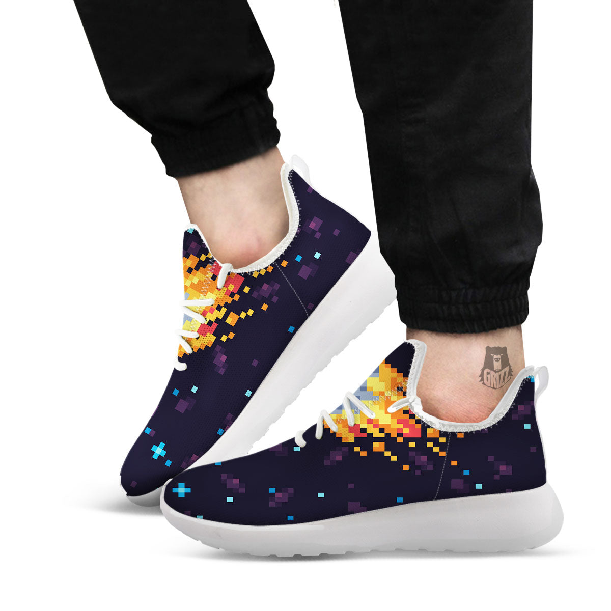 Pixel 8 Bit Meteorite Burnning Print White Athletic Shoes-grizzshop