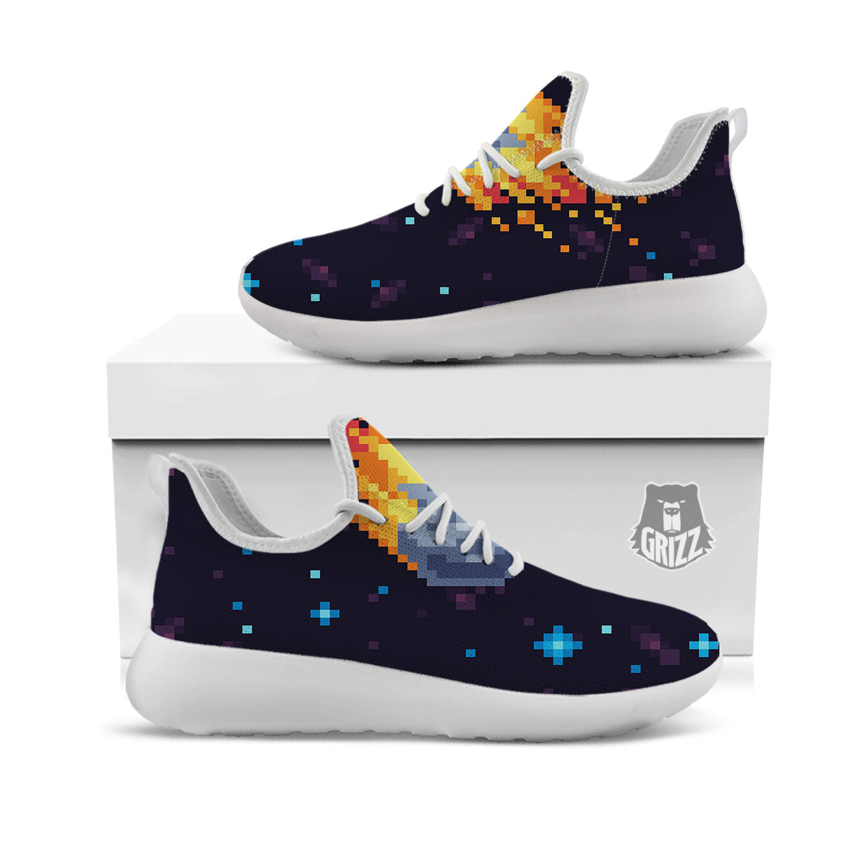 Pixel 8 Bit Meteorite Burnning Print White Athletic Shoes-grizzshop