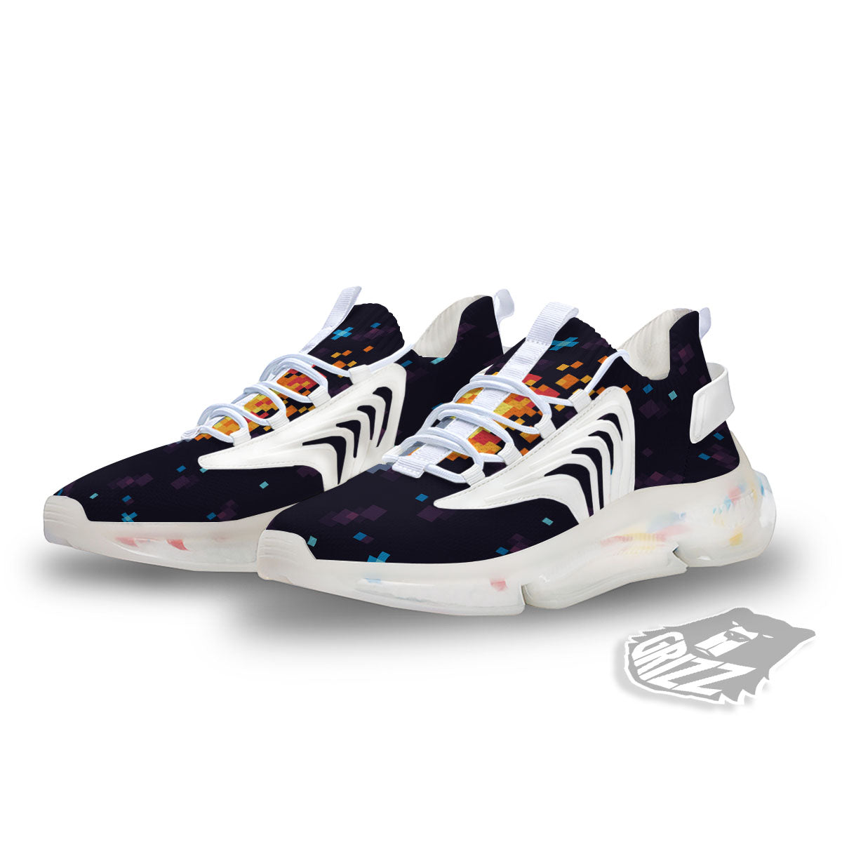 Pixel 8 Bit Meteorite Burnning Print White Gym Shoes-grizzshop