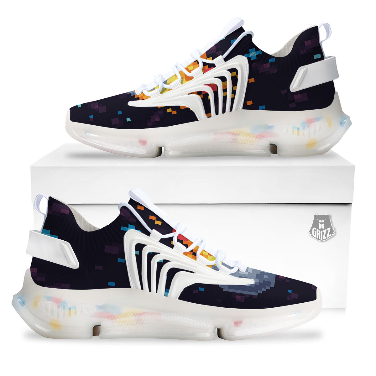 Pixel 8 Bit Meteorite Burnning Print White Gym Shoes-grizzshop