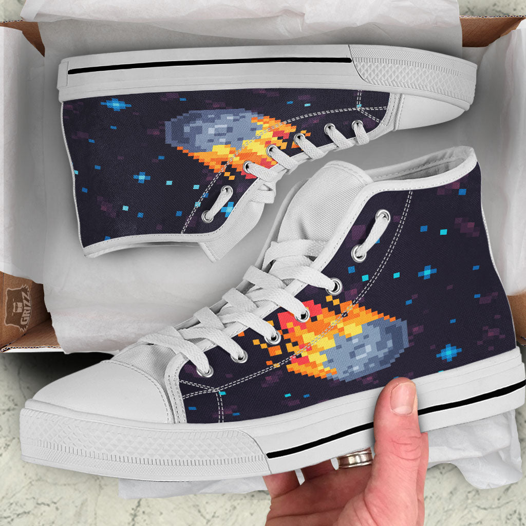 Pixel 8 Bit Meteorite Burnning Print White High Top Shoes-grizzshop