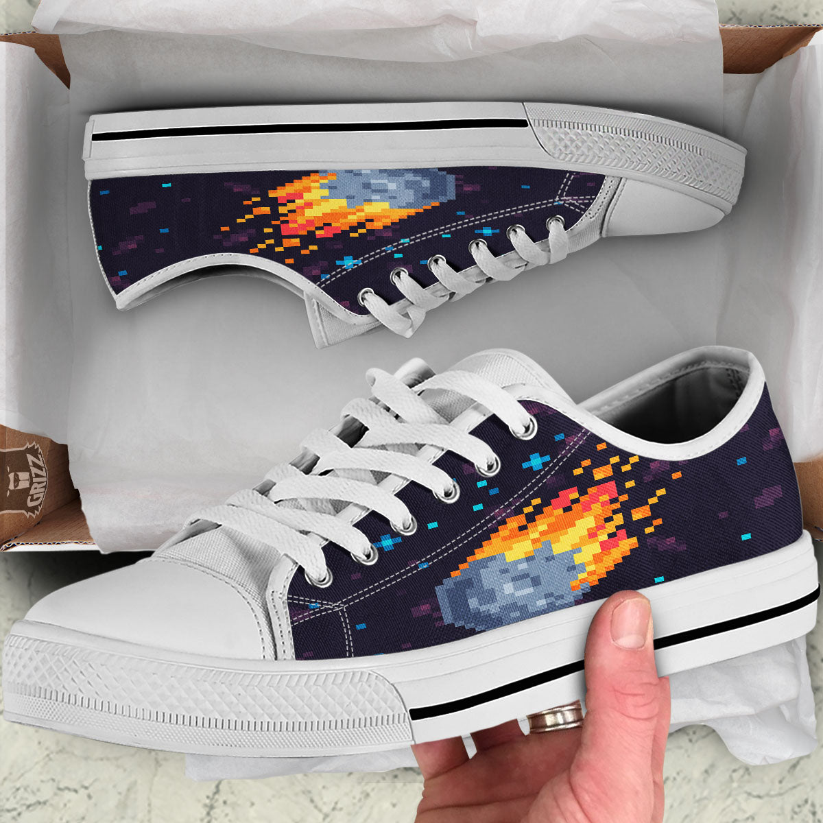 Pixel 8 Bit Meteorite Burnning Print White Low Top Shoes-grizzshop