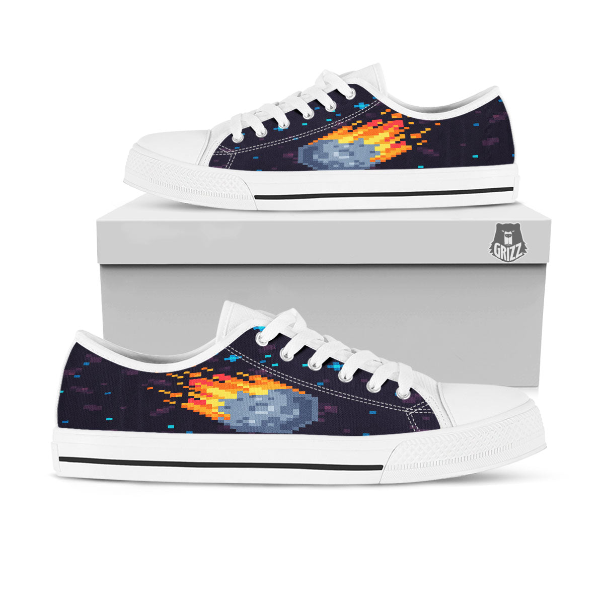 Pixel 8 Bit Meteorite Burnning Print White Low Top Shoes-grizzshop