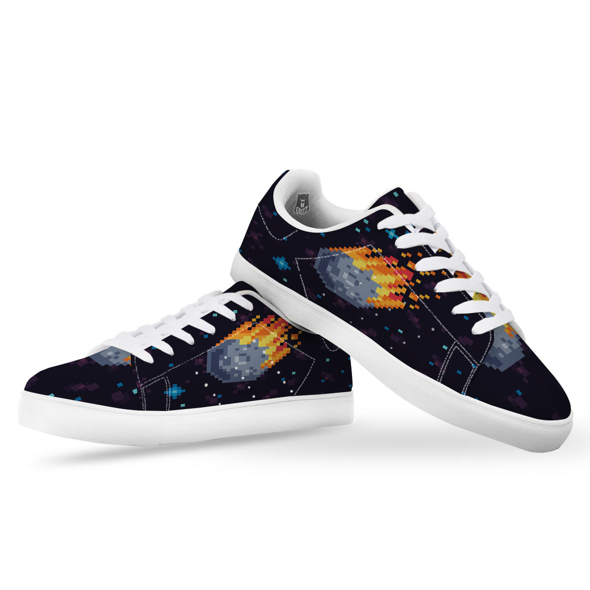 Pixel 8 Bit Meteorite Burnning Print White Low Top Sneakers-grizzshop