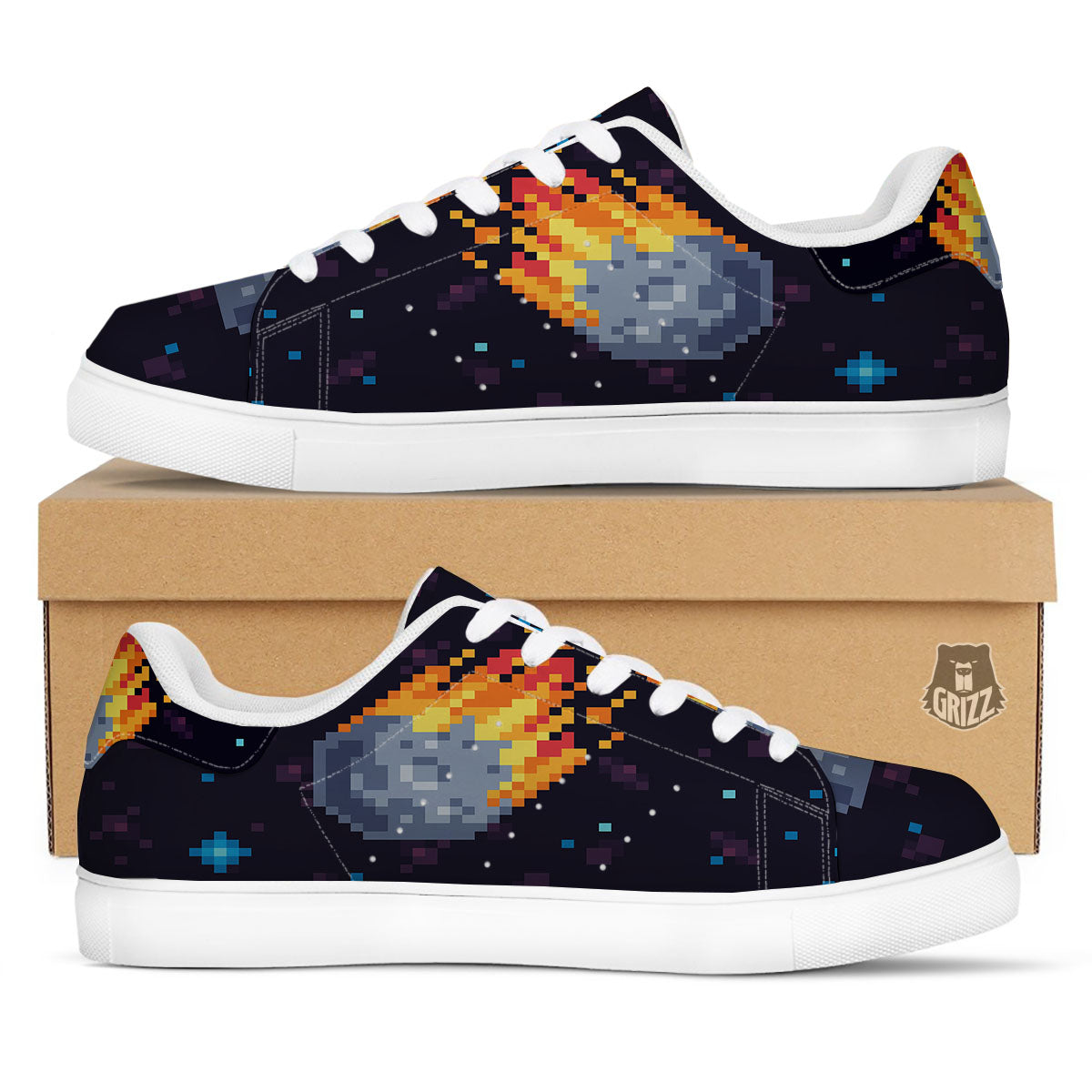 Pixel 8 Bit Meteorite Burnning Print White Low Top Sneakers-grizzshop