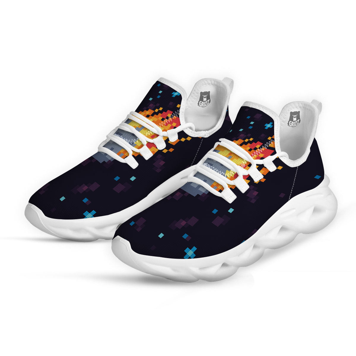 Pixel 8 Bit Meteorite Burnning Print White Running Shoes-grizzshop