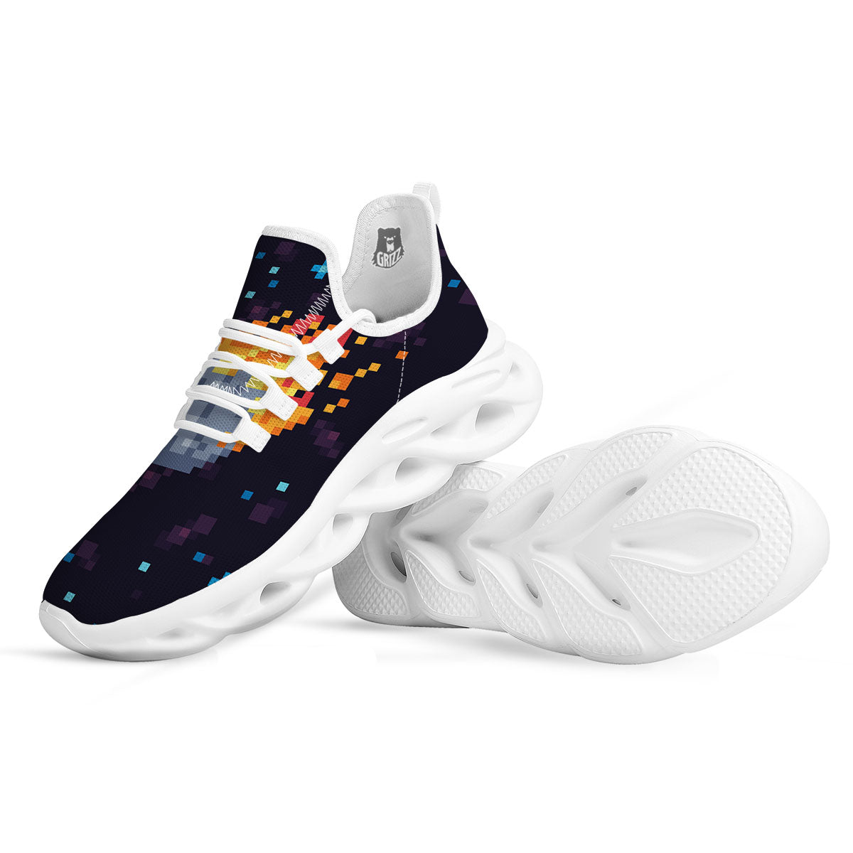 Pixel 8 Bit Meteorite Burnning Print White Running Shoes-grizzshop