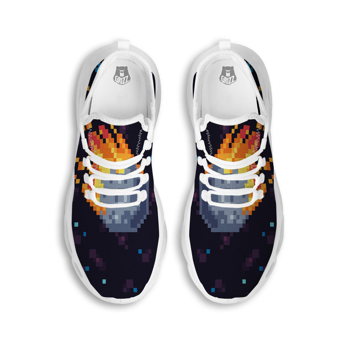 Pixel 8 Bit Meteorite Burnning Print White Running Shoes-grizzshop