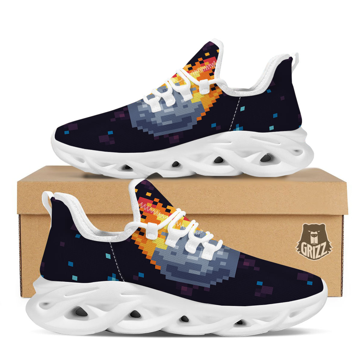 Pixel 8 Bit Meteorite Burnning Print White Running Shoes-grizzshop