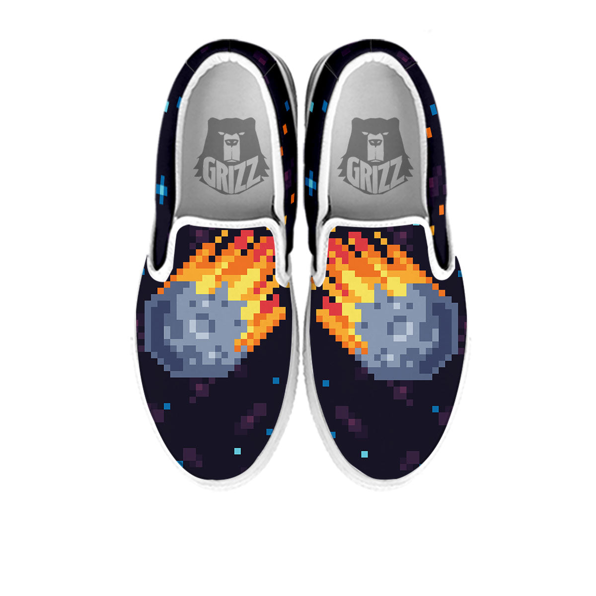 Pixel 8 Bit Meteorite Burnning Print White Slip On Shoes-grizzshop