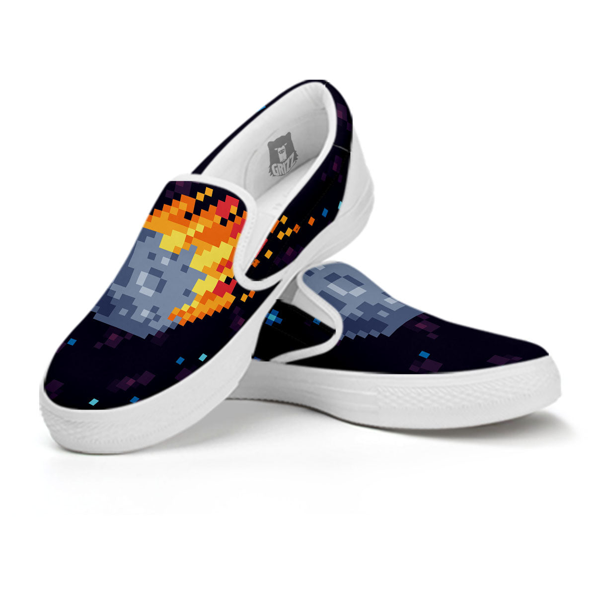Pixel 8 Bit Meteorite Burnning Print White Slip On Shoes-grizzshop