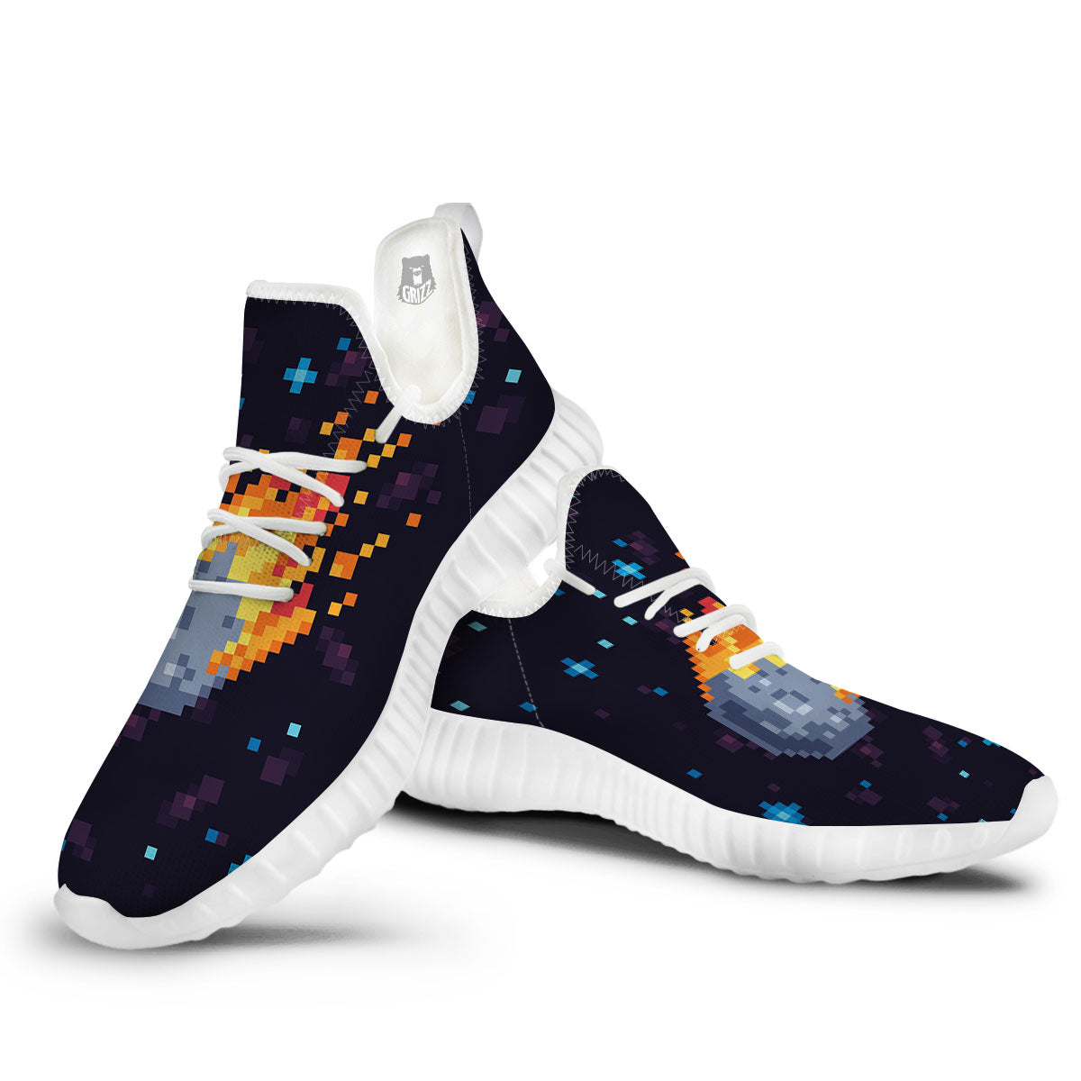Pixel 8 Bit Meteorite Burnning Print White Walking Shoes-grizzshop