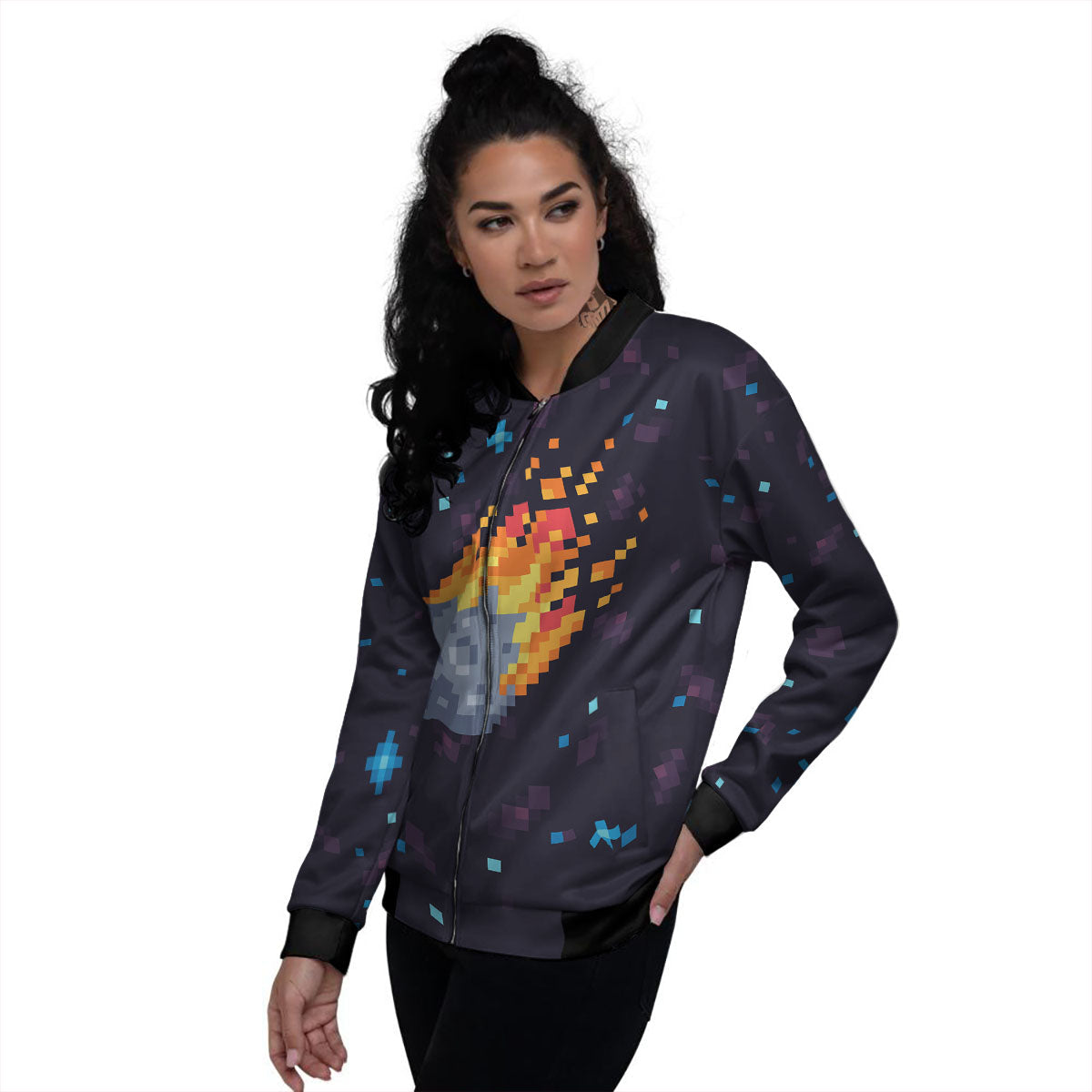 Pixel 8 Bit Meteorite Burnning Print Women's Bomber Jacket-grizzshop