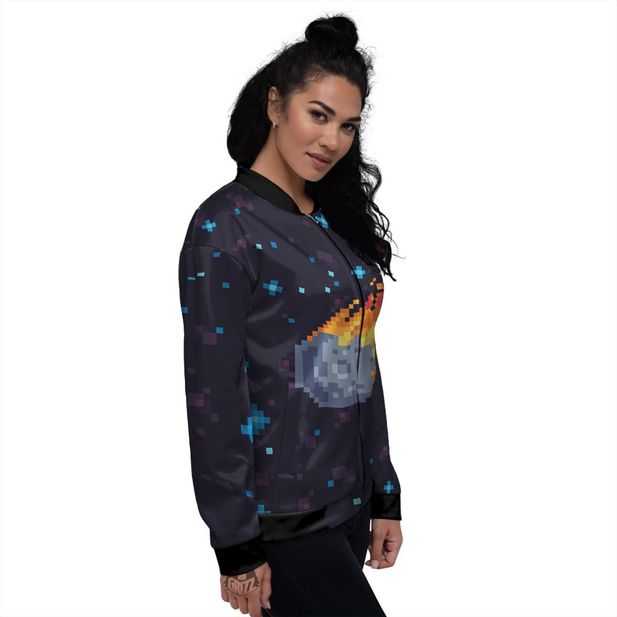 Pixel 8 Bit Meteorite Burnning Print Women's Bomber Jacket-grizzshop