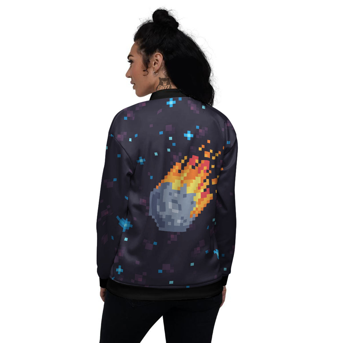 Pixel 8 Bit Meteorite Burnning Print Women's Bomber Jacket-grizzshop