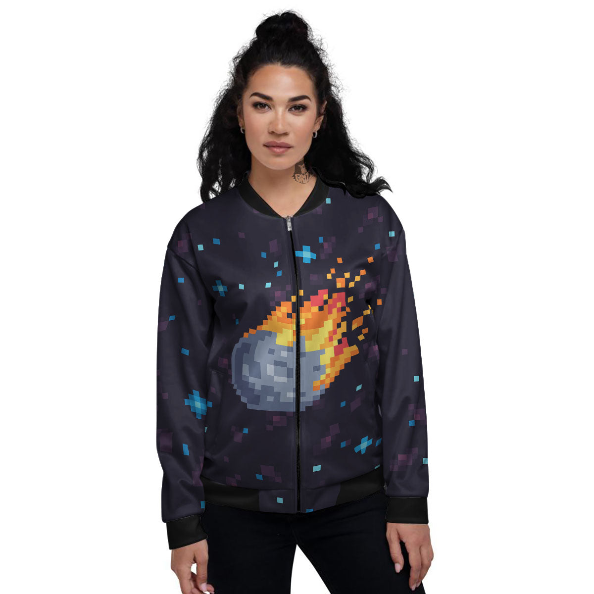 Pixel 8 Bit Meteorite Burnning Print Women's Bomber Jacket-grizzshop