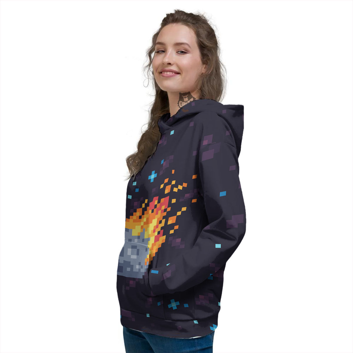 Pixel 8 Bit Meteorite Burnning Print Women's Hoodie-grizzshop
