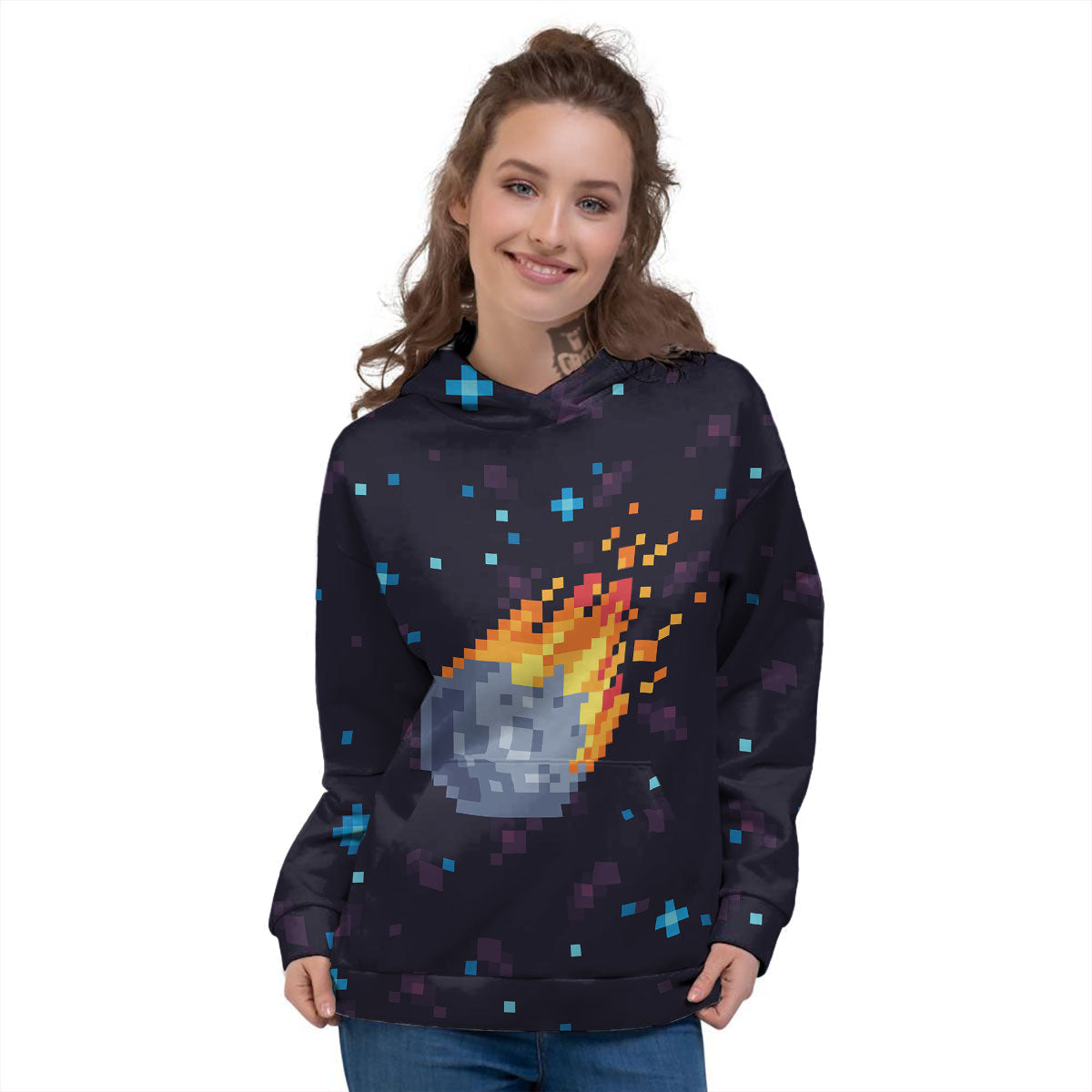 Pixel 8 Bit Meteorite Burnning Print Women's Hoodie-grizzshop