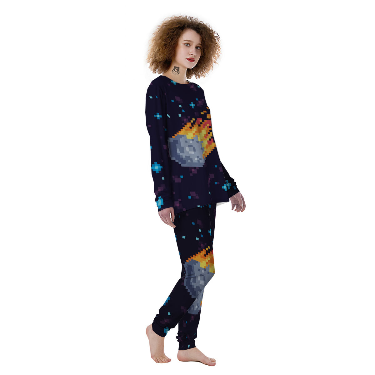 Pixel 8 Bit Meteorite Burnning Print Women's Pajamas-grizzshop