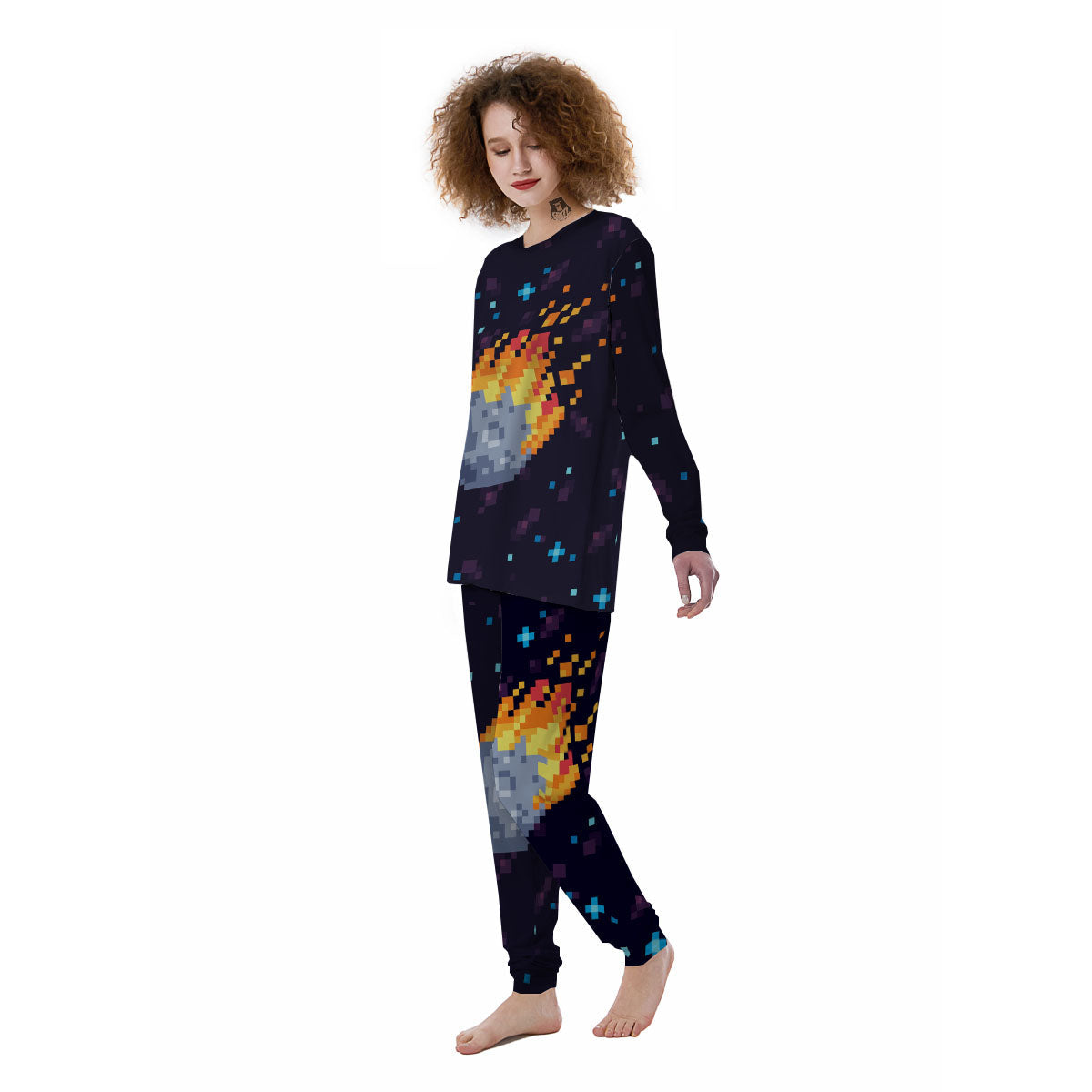Pixel 8 Bit Meteorite Burnning Print Women's Pajamas-grizzshop