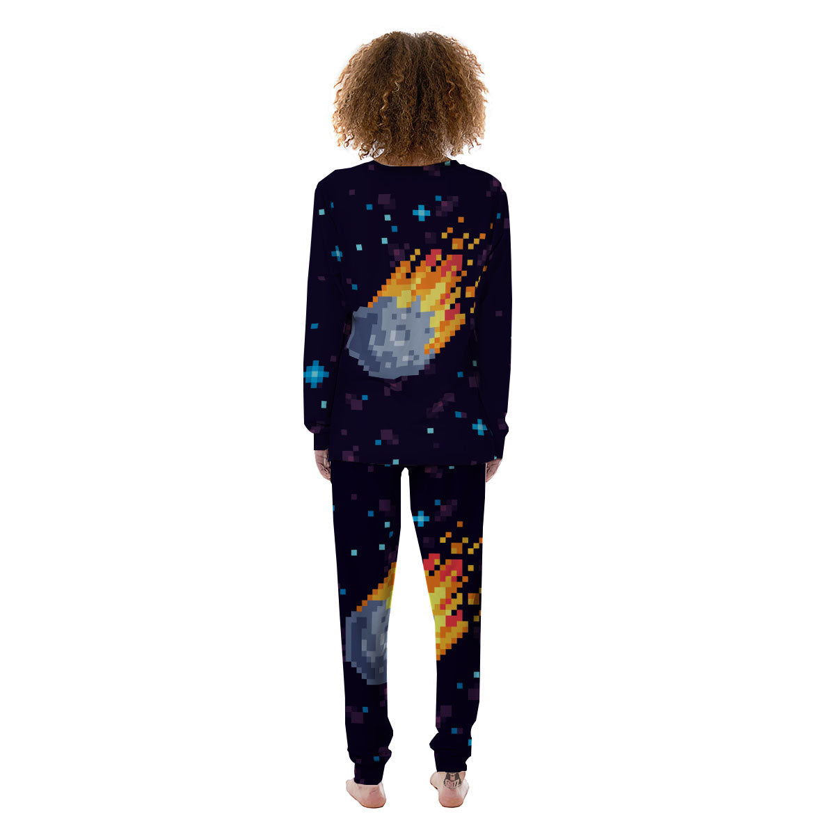 Pixel 8 Bit Meteorite Burnning Print Women's Pajamas-grizzshop