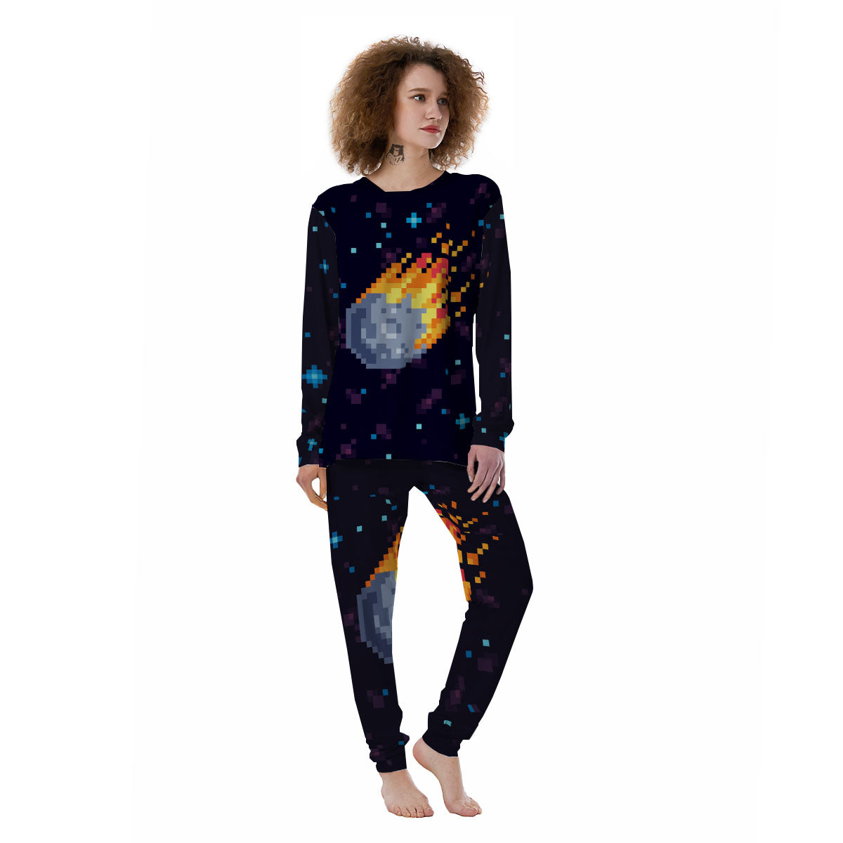 Pixel 8 Bit Meteorite Burnning Print Women's Pajamas-grizzshop
