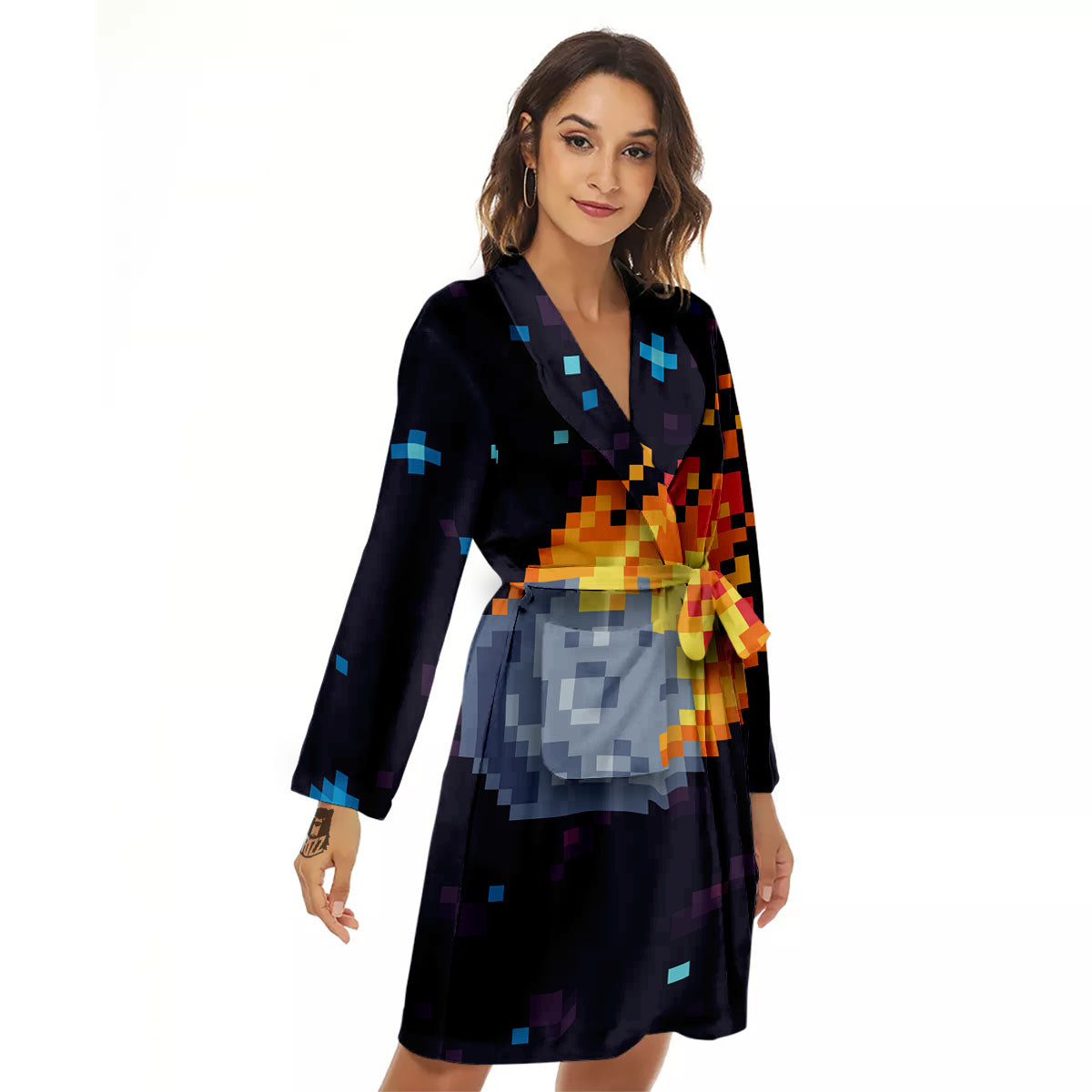 Pixel 8 Bit Meteorite Burnning Print Women's Robe-grizzshop