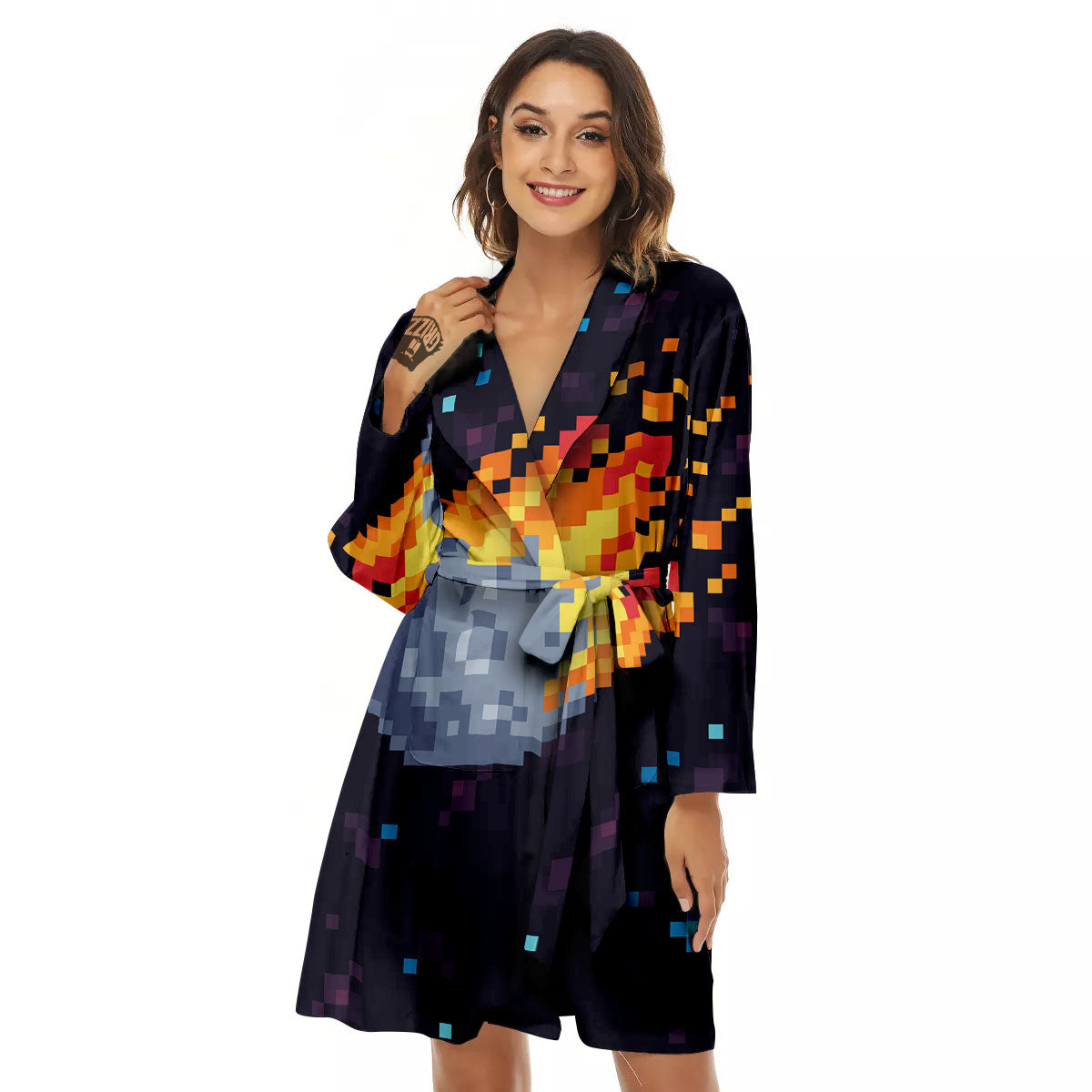Pixel 8 Bit Meteorite Burnning Print Women's Robe-grizzshop