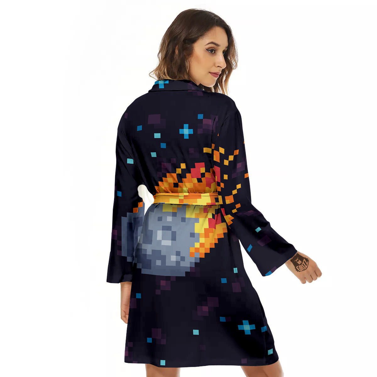 Pixel 8 Bit Meteorite Burnning Print Women's Robe-grizzshop