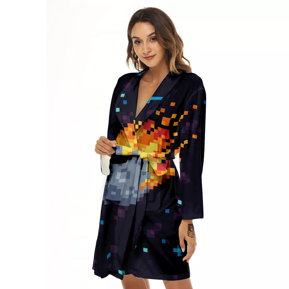 Pixel 8 Bit Meteorite Burnning Print Women's Robe-grizzshop