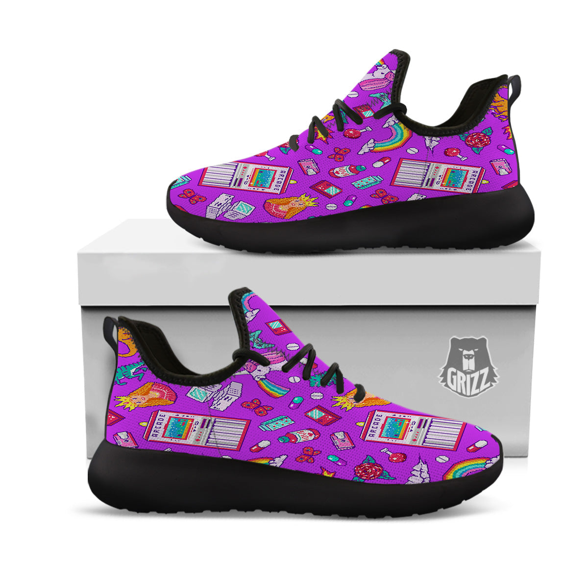Pixel Art 8 Bit Pink Print Pattern Black Athletic Shoes-grizzshop