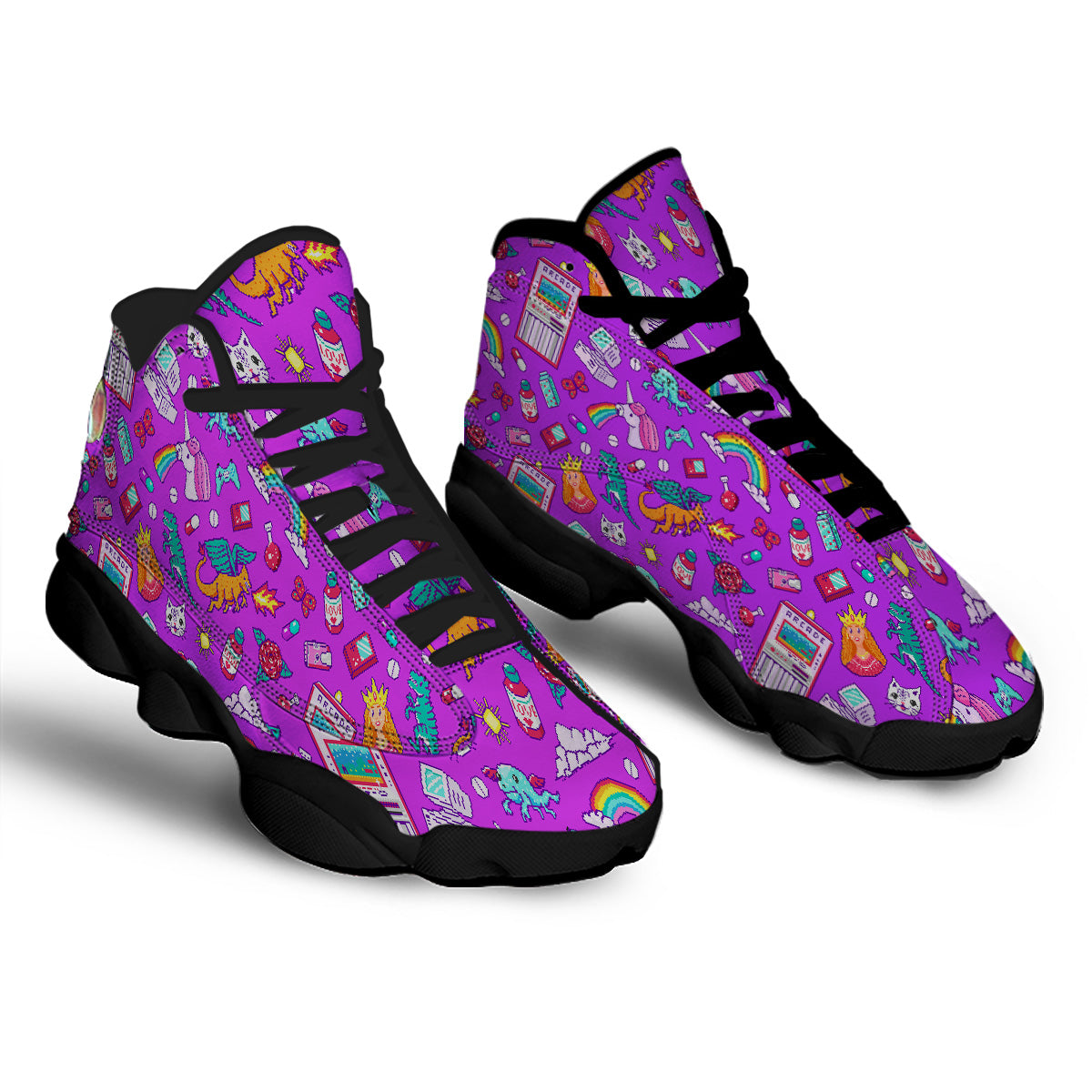 Pixel Art 8 Bit Pink Print Pattern Black Basketball Shoes-grizzshop