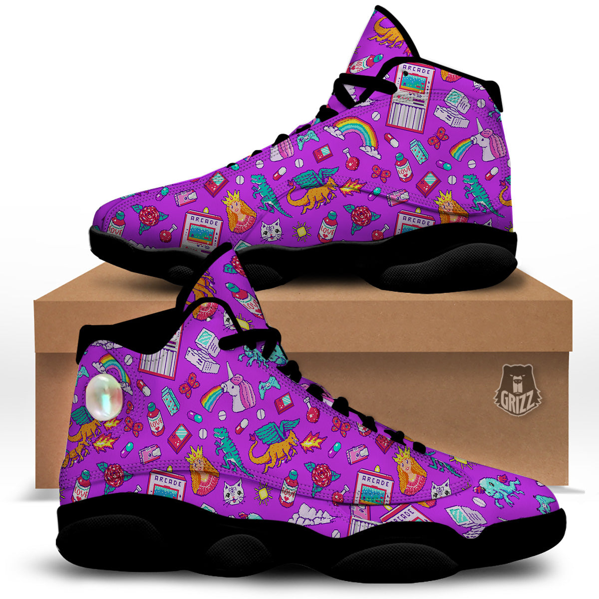 Pixel Art 8 Bit Pink Print Pattern Black Basketball Shoes-grizzshop